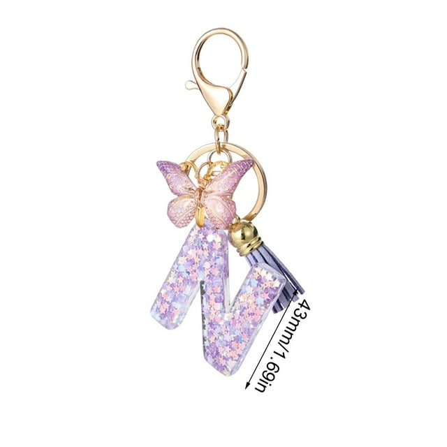 Car Key Chain with 26-Letter Resin Pendant Butterfly Design and Gradient Tassel