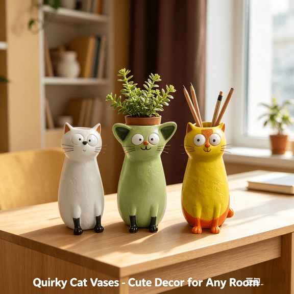 Charming Kitty Flower Vase, 5.3 Inch Whimsical Cat Planter for Dried Flowers & Small Stems, Boho Home Decor, Cat Lover Present (Green)
