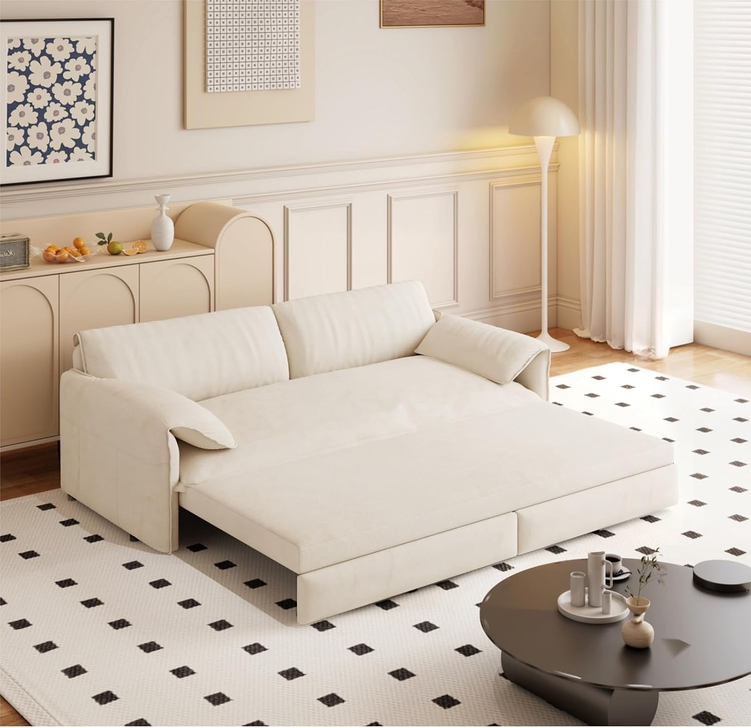 66" Queen Pull Out Sleeper Sofa, 3‑in‑1 Velvet Convertible Loveseat with Side Storage for Apartment Bedroom