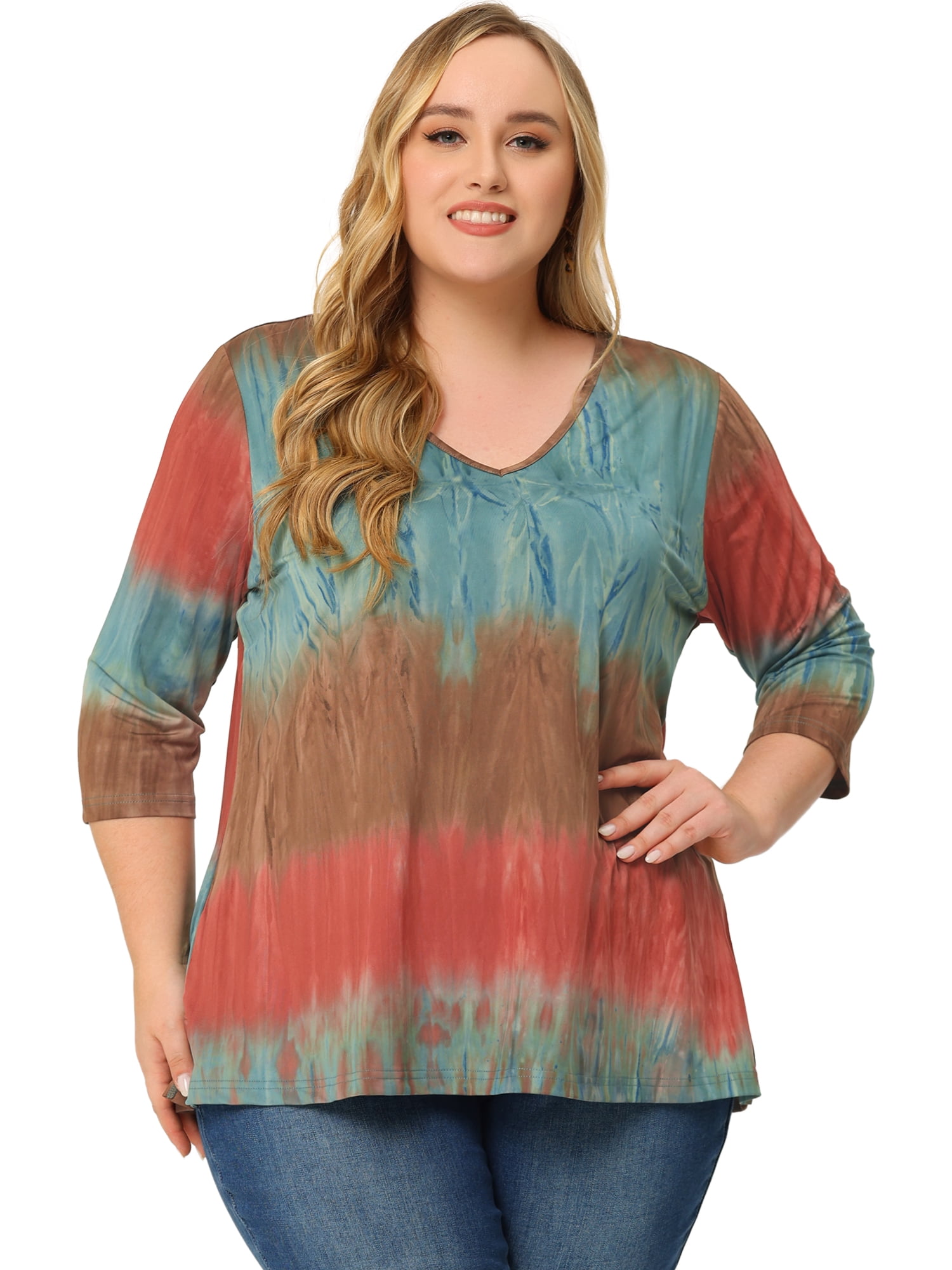 DARING DIVA Women's Plus Size V Neck 3/4 Sleeve Striped Tie Dye Blouse L Multicolor