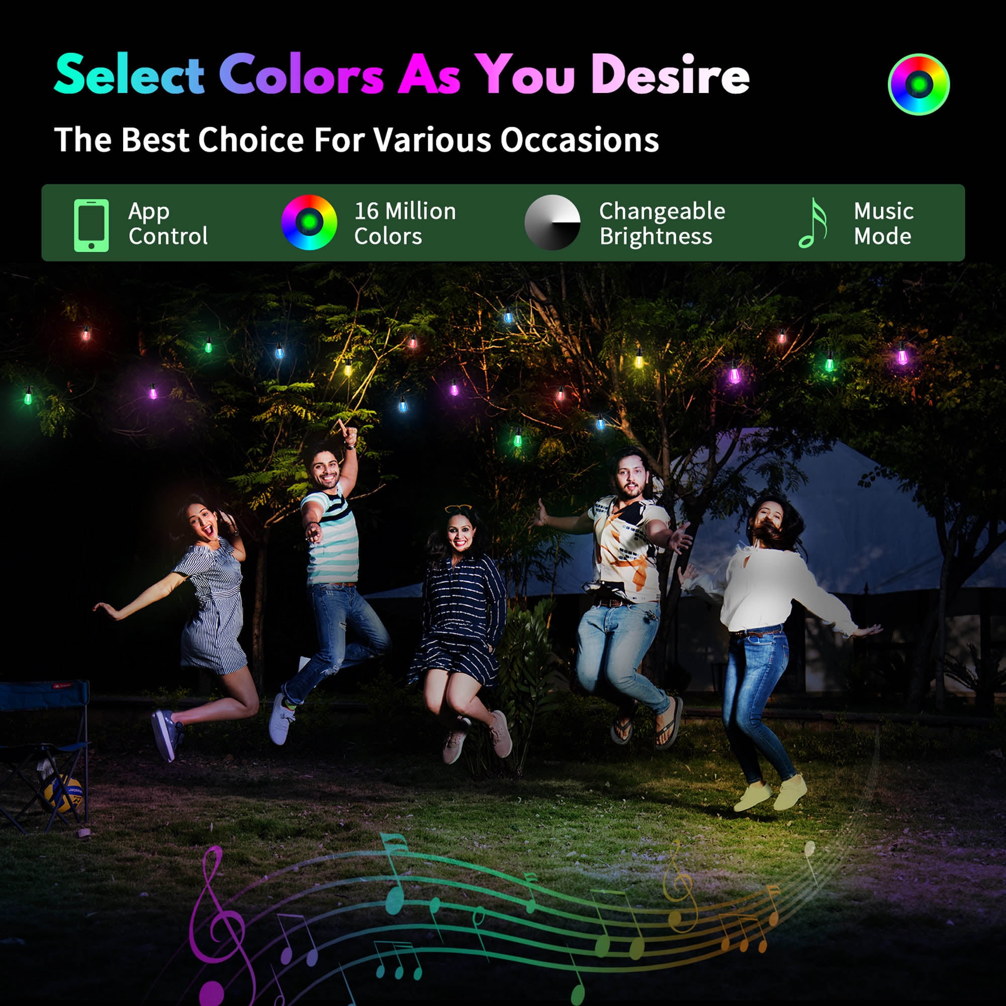 50ft Outdoor String Lights, RGB & Warm White Patio Lights with 20 Bulbs, Color Changing, App & Remote Control, Waterproof, Connectable, Backyard & Christmas Decor