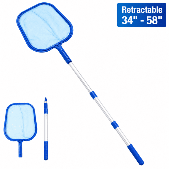 Pool Skimmer Net with Adjustable Handle - Flat Skimmer Pool Nets for Cleaning Swimming Pool Leaf & Small Pond, Retractable 34" - 58"