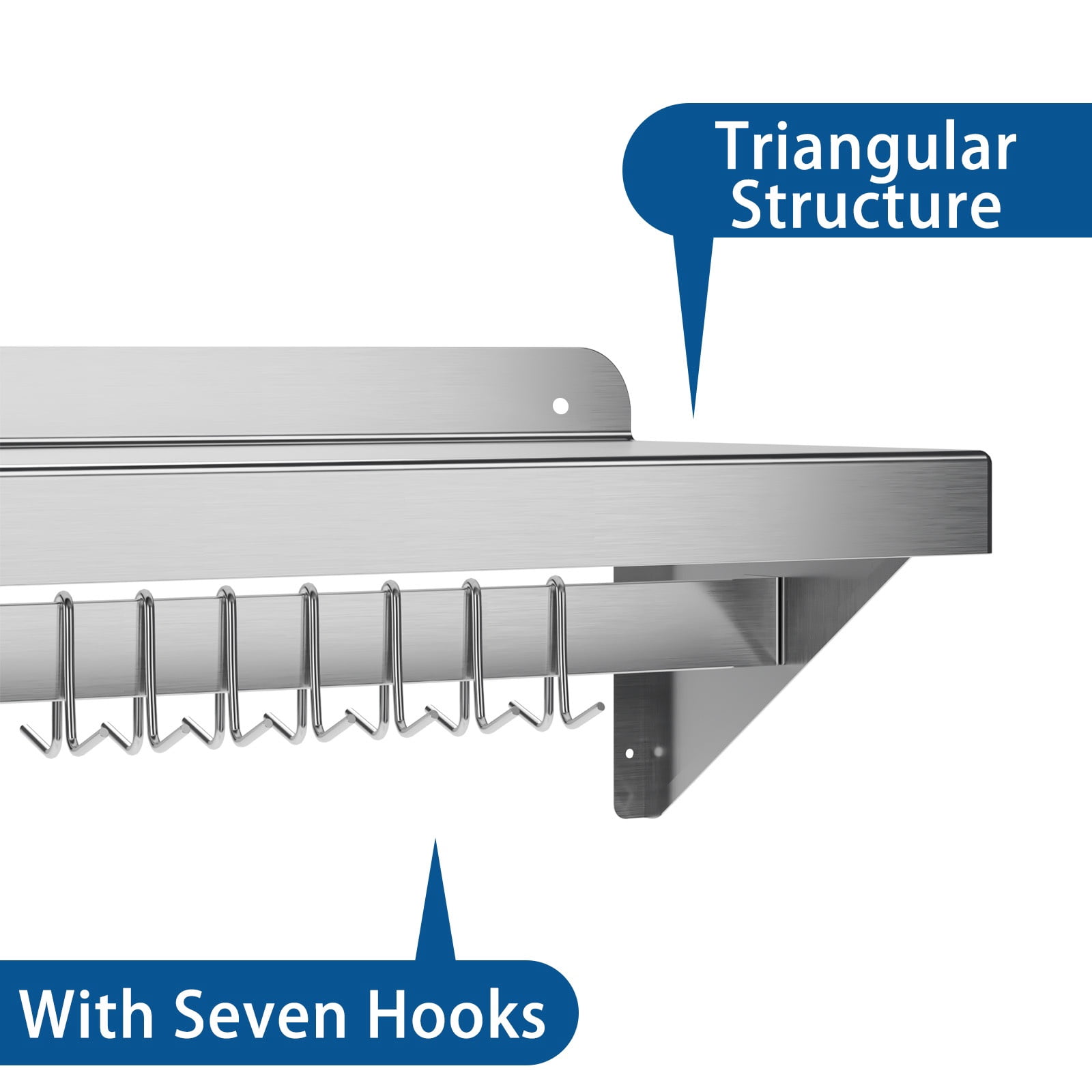 GARVEE 1-Tier Stainless Steel Wall Mount Shelf, 48" x 12" x 9.84", with 7 Hooks, 200 lb Capacity