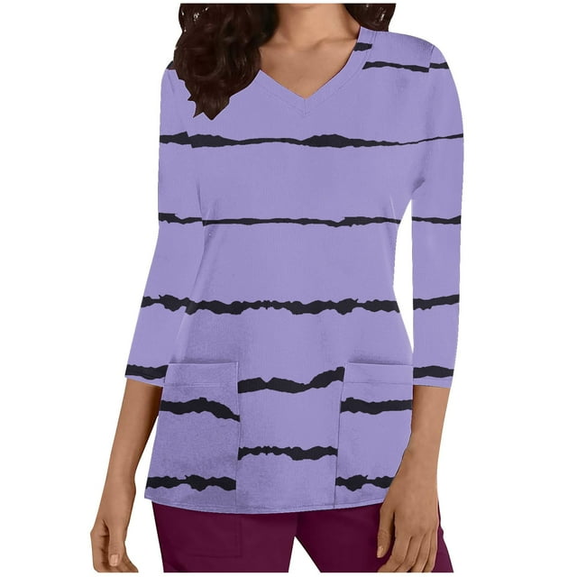 Cameland Hauts d'Uniforme de Travail pour Femmes à Rayures, Manches 3/4, Col en V, Blouse de Travail avec Poches