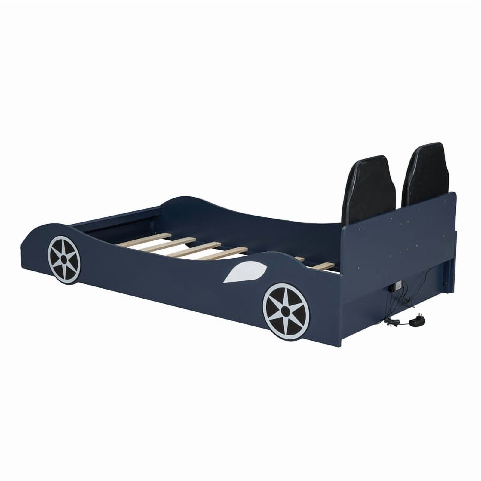 Bellemave Race Car Bed with LED Lights, Twin Size Bed Frame for Boys Kids Toddler Bed, Wooden Platform Racing Car Bed with Upholstered Backrest Headboard, No Box Spring Needed（Blue)