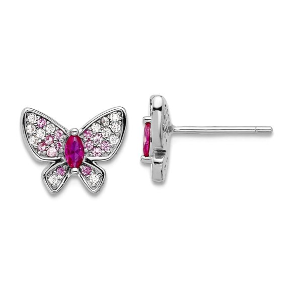 925 Sterling Silver Rhodium Plated Pink and White Cubic Zirconia Butterfly Angel Wings Post Earrings 9x11.1mm Wide Stud
