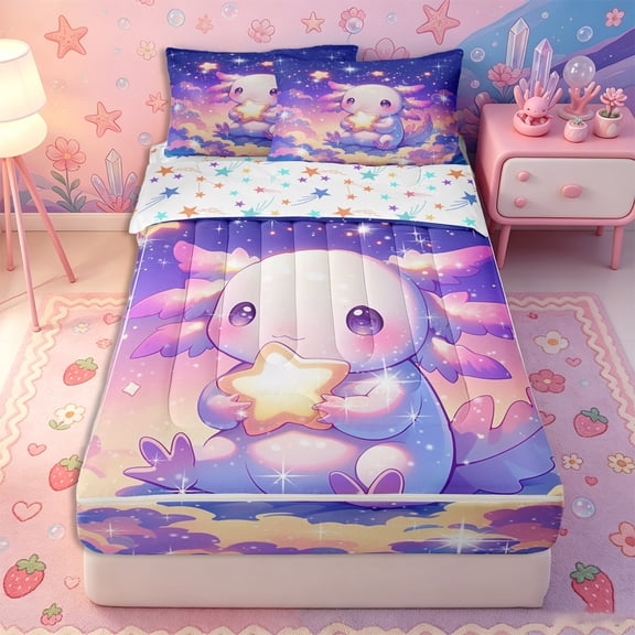 Erosebridal Kawaii Galaxy Star Axolotl Zipper Twin Comforter Sets with Fitted Sheet and 2 Pillowcases,Pastel Dreamy Cloud Zipper Bedding Set,Lavender Purple Pink Blue,Reversible