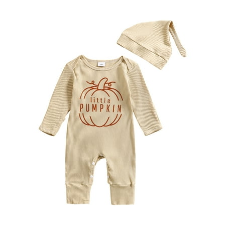 

Fanvereka Baby Halloween Romper Pumpkin Letter Print Fall Jumpsuits Hat