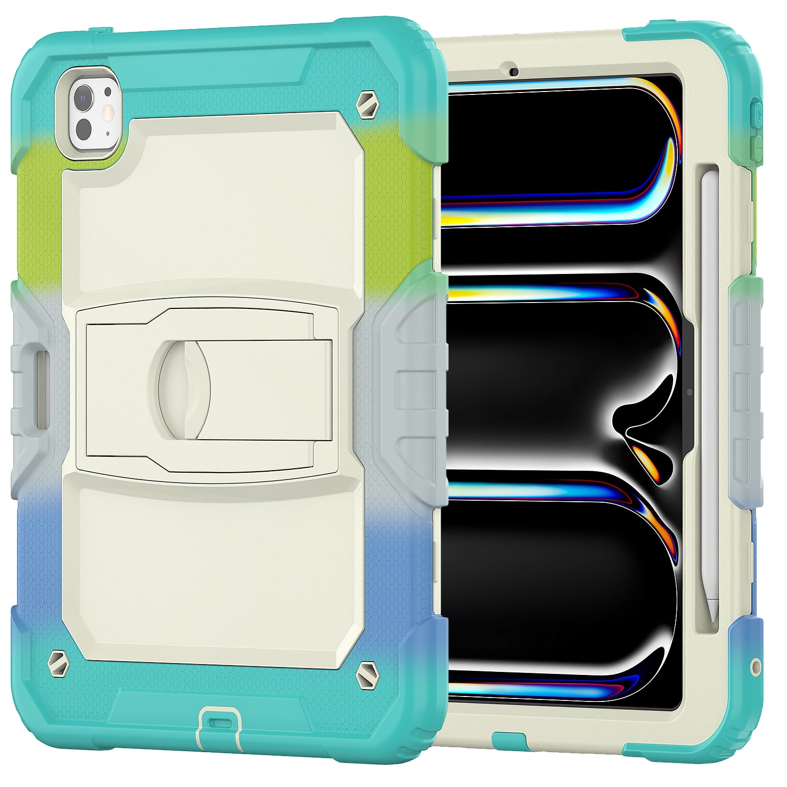 Rugged Case For Apple iPad Pro 11 (2024) – 3-Layer Protection Shockproof Stand Cover with Screen Protector, Adjustable Stand, Shoulder Strap, & Pencil Holder -- Colorful Blue