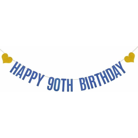 Happy 90th Birthday Banner, Pre-Strung,Blue Glitter Paper Garlands Banner for 90th Birthday Party Decorations Supplies, Letters Blue,