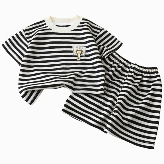 Toddler Boys Striped 2-Piece Outfit Summer Crew Neck Short Sleeve Top Elastic Waist Matching Shorts Kids Casual Set White 12-18 Months