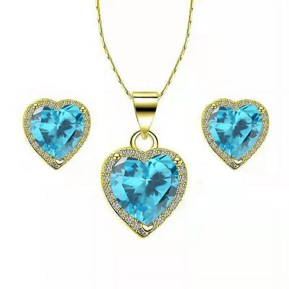 14k Yellow Gold Heart Blue Topaz Full Set Necklace Jewelry Gift for Her Women's Plated by Paris Jewelry