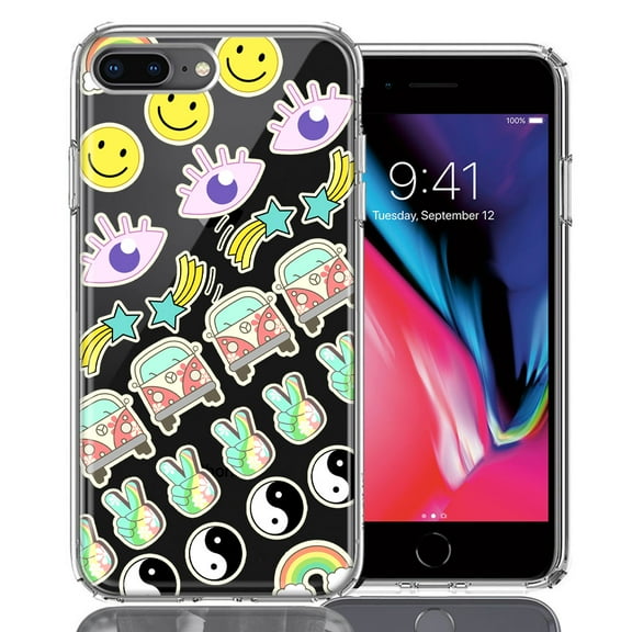 MUNDAZE For Apple iPhone 7/8 Plus 70's Yin Yang Hippie Happy Peace Stars Design Double Layer Phone Case Cover