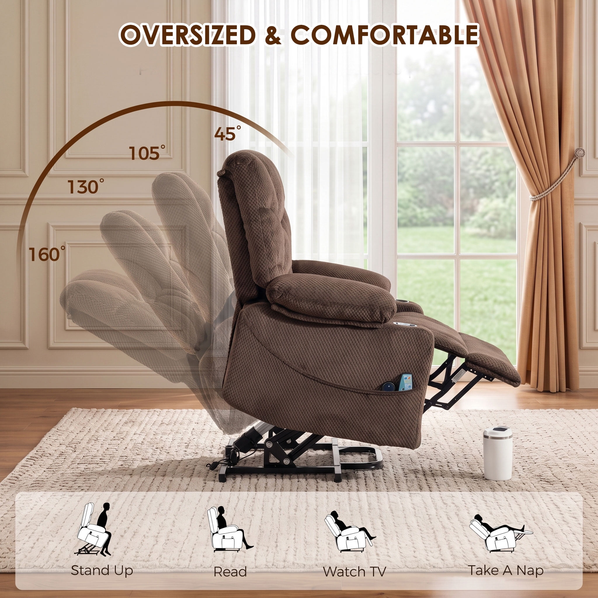 Anpport Ultra‑Wide Power Lift Recliner Chair, Velvet Rotating Electric Recliner with Massage Heating Function, Metal Cup Holder & Side Storage, for Living Room, Bedroom, Office, Brown