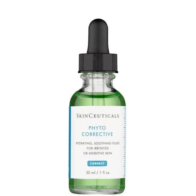 skinceuticals phyto corrective fluido calmante gel sérum con ácido hialurónico 30 ml frasco de vidrio con líquido verde y gotero negro, vista frontal centrada; etiqueta blanca y azul indica efecto hidratante y calmante, adecuado como serum facial para piel sensible.