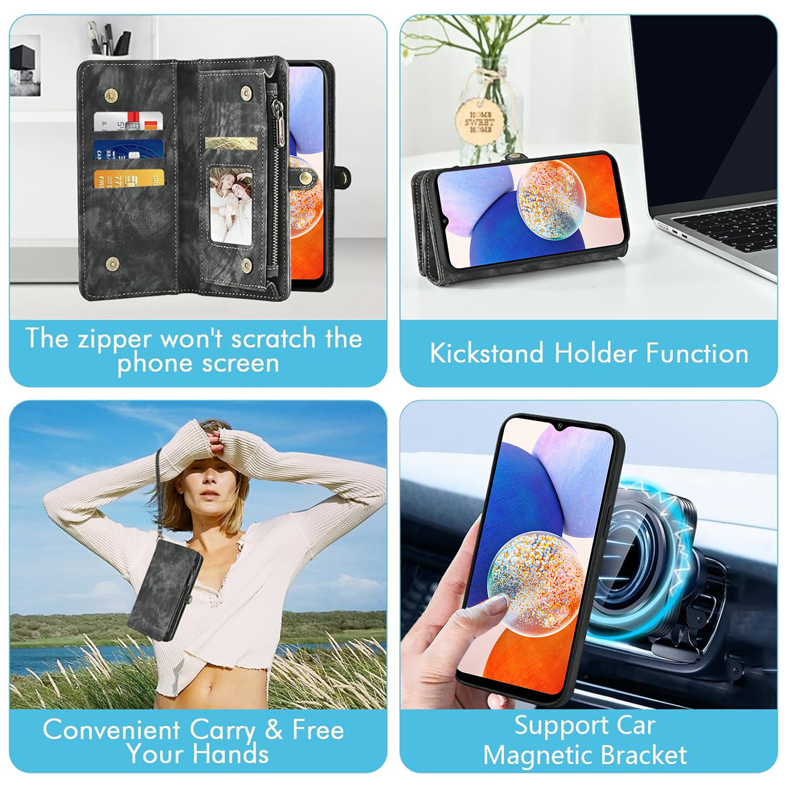 Asuwish Compatible with Samsung Galaxy A14/M14 5G Phone Case Zipper Wallet Detachable Tempered Glass Screen Protector Crossbody Strap Flip Card Holder Cell Cover for A 14 4G 14A 14M G5 Women Black