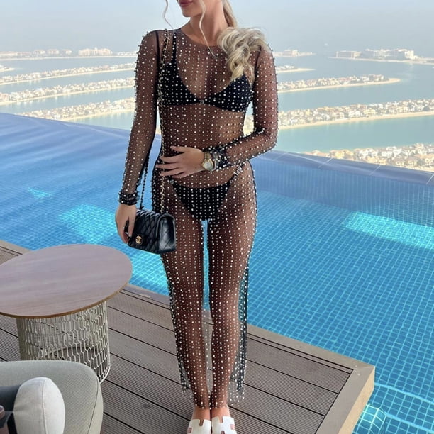 Vestido De Malla Sexy Bikini de diamantes de imitación traje de baño de manga larga para mujer traje de playa (negro S) Kuymtek para Mujer Negro T S