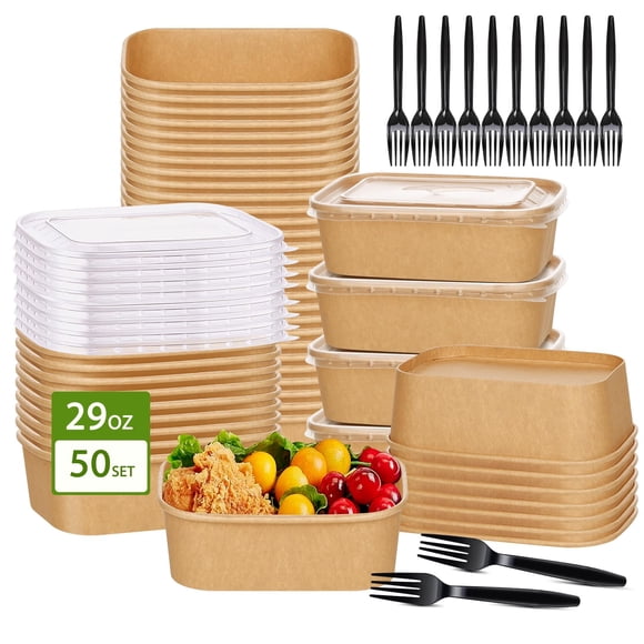 DI QIU REN 50-Pack 29oz Disposable Kraft Paper Bowls【with Lids and Forks】, Meal Prep Containers Disposable Large Paper Bowls L