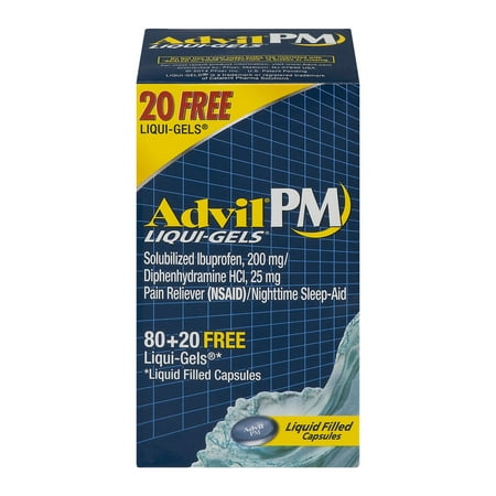 Advil PM (100 Count) Pain Reliever / Nighttime Sleep Aid Liquid Filled Capsule, 200mg Ibuprofen, 38mg Diphenhydramine