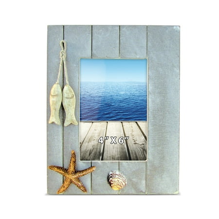 Starfish Photo Puzzled Distressed Wooden Picture Frame with Hung Fishes Starfish & Seashells, 4 X 6 Inch Rustic Photo Holder Intricate Wood Art Handcrafted Tabletop Accessory Nautical Themed Home Accent D?cor ()