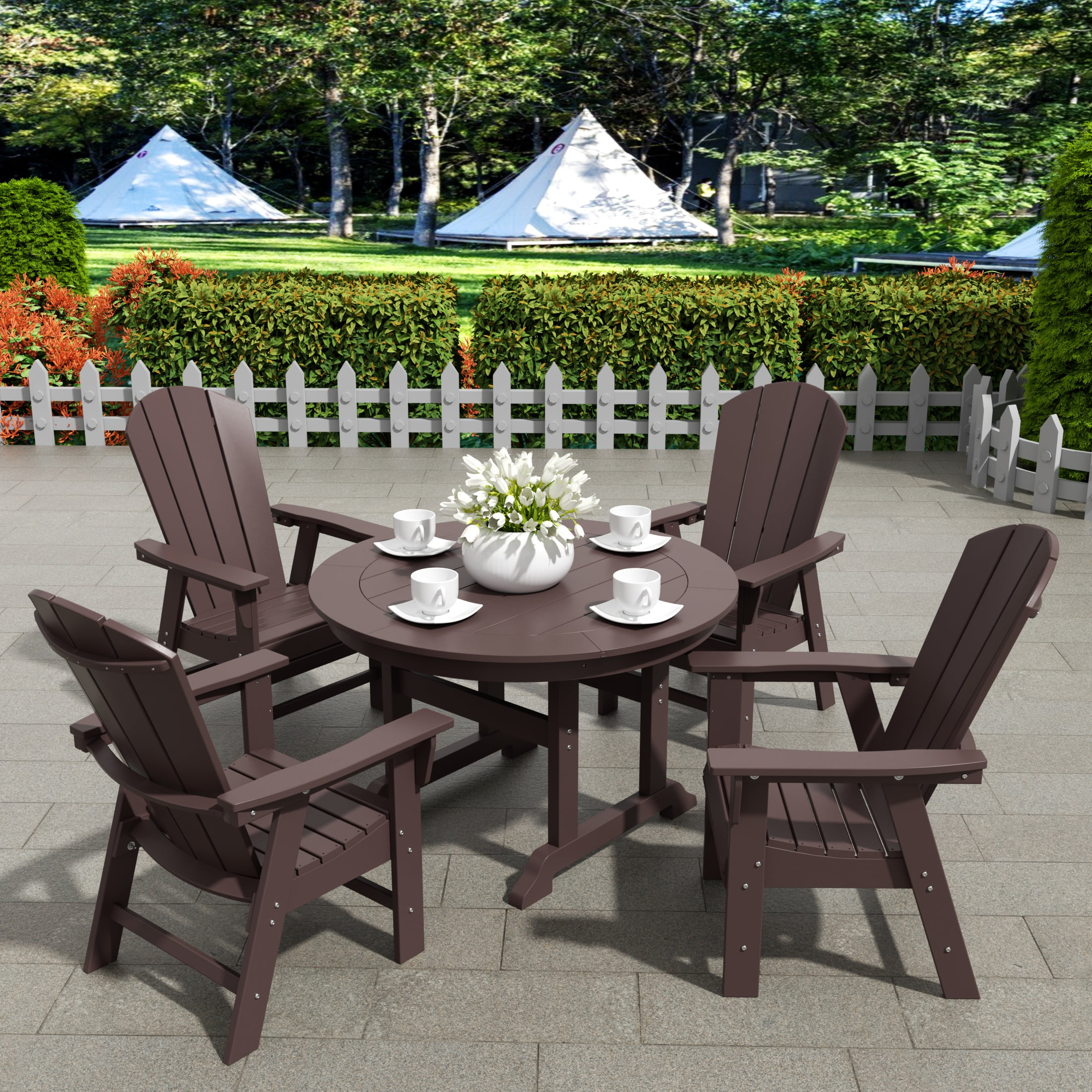 WestinTrends Malibu 5 Piece Adirondack Patio Dining Set, All Weather Poly Lumber Outdoor Table and Chairs Furniture Set, 47" Trestle Round Dining Table and 4 Adirondack Dining Chair, Dark Brown