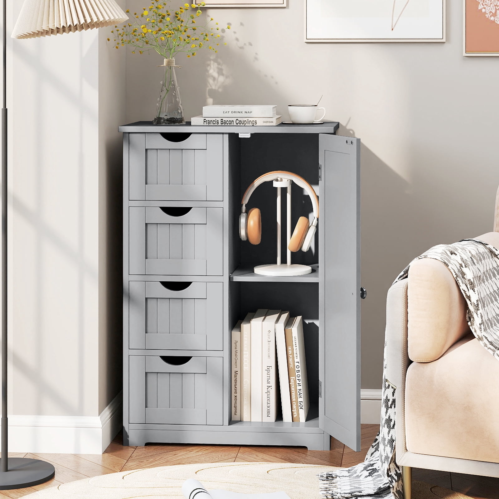 Gymax Bathroom Floor Storage Cabinet Wooden Freestanding Bathroom Storage Unit w/1 Door & 4 Drawers Grey