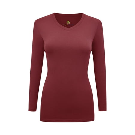 

WOMENS LONG SLEEVE V-NECK T SHIRT WITH SUPER-SOFT STRETCH FABRIC
