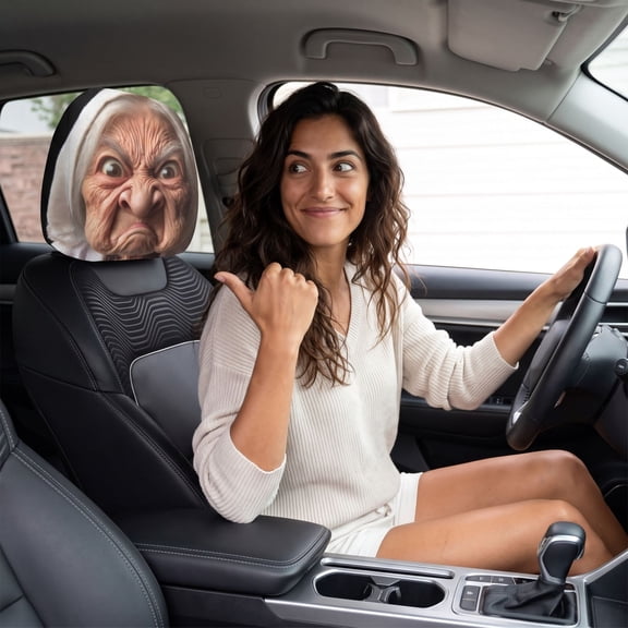 2 Pcs Scary Headrest Covers for Cars, Elastic Washable Funny Grandma Face Printed Headrest Protector, Versatile Halloween Car Accessories, Novelty Decorative Headrest Covers for Vehicle Interior