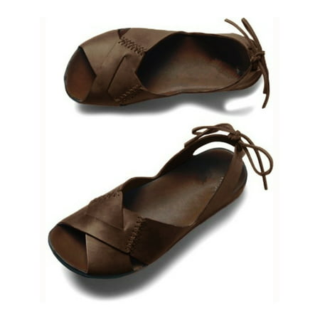 Women Bandage Flat Shoes Brown Leather Sandals Open Toe