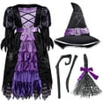 thumbnail image 3 of Joyfy Witch Costume Set for Girls, Halloween Fancy-Dress with Broom Hat for Toddler Kids Halloween Party Dress up 3-14 Years, 3 of 8