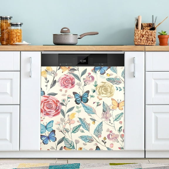 Rose Leaf Butterfly Dishwasher Magnet Cover Magnetic Fridge Door Cover Home Kitchen Decor 23"x 26"