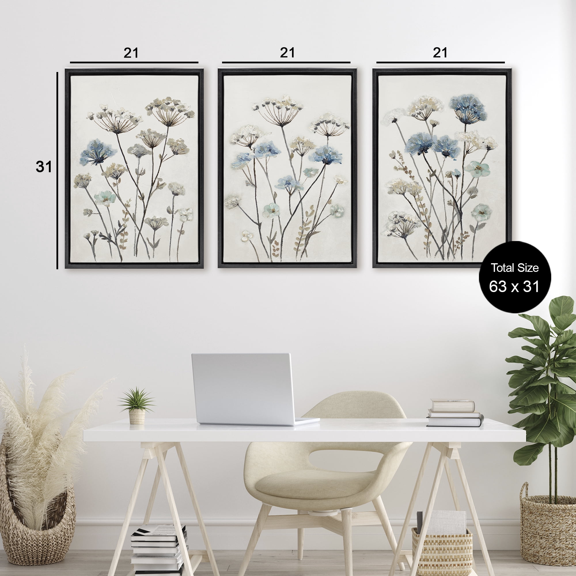 Stupell Industries Neutral & Blue Garden 3 Piece Black Framed Floater Canvas Set, design by Patricia Pinto