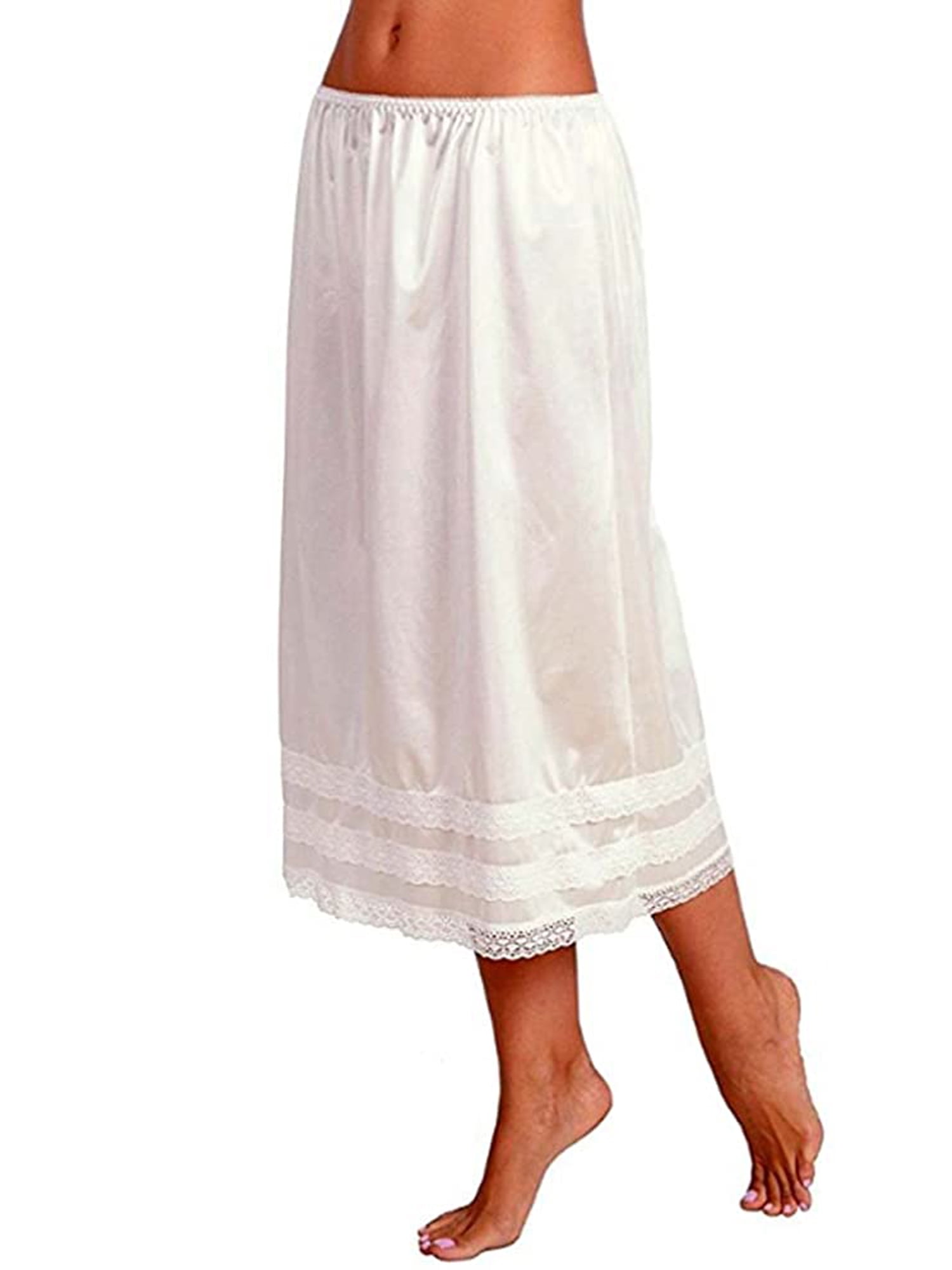 Womens Skirts Satin Elastic Waist 3-Tiers Slip Floral Lace Hem Skirt Underskirt 