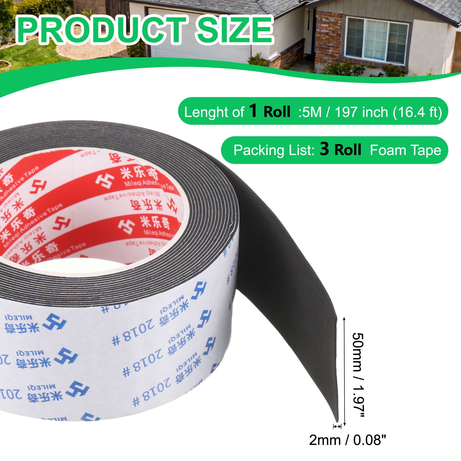 Uxcell 3Roll Sponge Rubber Foam Tape, 1 31/32" W x 5/64" t x 16.4ft l Self-Adhesive Foam Insulation Tape Weather Stripping for Window Door Soundproofing Weatherstrip AC Seal Strip, Black