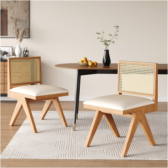 JERFIT Farmhouse Dining Chairs Set of 2, Natural Rattan Upholstered Side Chairs with Beige Cushion for Kitchen Dining Room