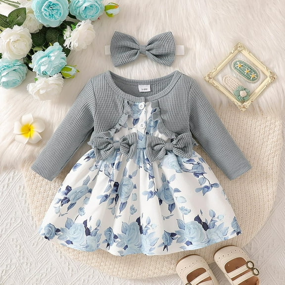 fnnxnal Newborn Gray Dress Set 9 Months: Long Sleeve Knit Top & Blue Floral Skirt, Matching Headband, Soft Polyester Spandex - Skin-Friendly for Daily Wear/Photo Shoots