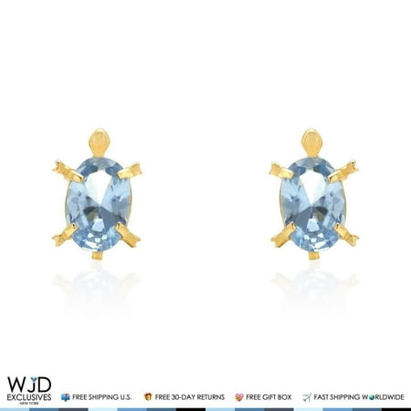 14K Yellow Gold Oval Aquamarine Turtle Baby Screwback Stud Earrings