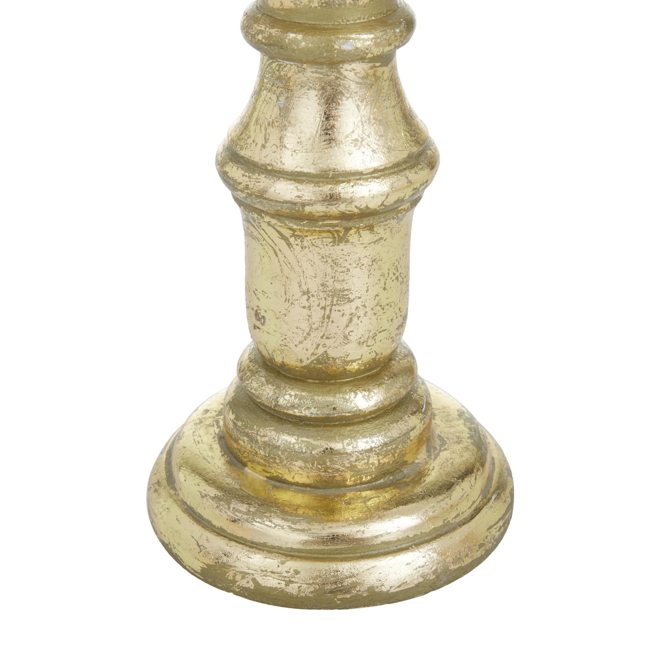 DecMode 3 Candle Gold Mango Wood Turned Style Pillar Candle Holder, Set of 3