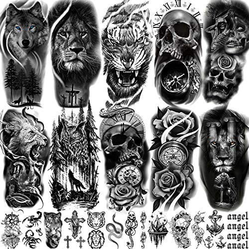 Fanrui 22 Sheets Realistic Black Animals Temporary Tattoos For Women Men Half Arm Sleeve 3d Large Tribal Tiger Lion Death Skull Fake Tattoo Stickers Halloween Flower Compass Wolf Owl Tatoos Anchor