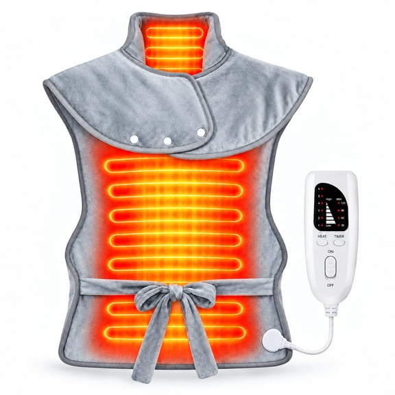 Tonkey Shoulder & Neck Heating Pad Wrap, 3 Heat Settings, 2-Hour Auto-Off, Machine Washable, 120W, 37 x 24 in, Silver Gray