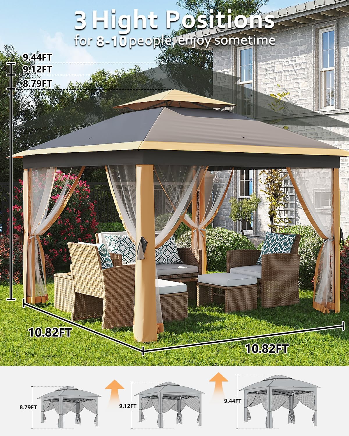 11x11ft Heavy Duty Pop Up Outdoor Gazebo Tent – Double Roof, Mosquito Netting, Water & UV Resistant, Sturdy Metal Frame, Easy Setup – Patio, Garden, Backyard, Deck