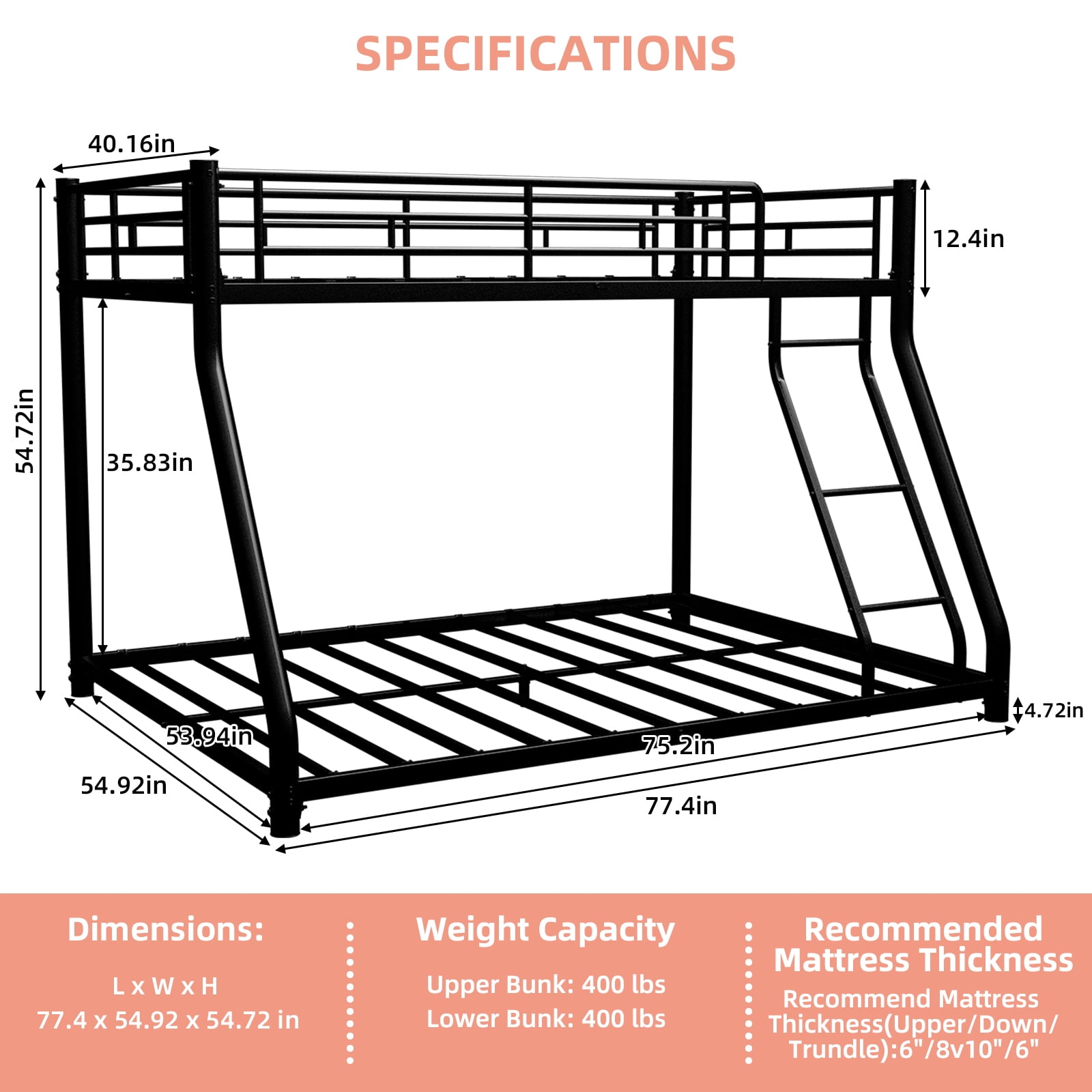 Mintazer Twin Over Full Bunk Bed, Metal Bunk Bed Frame with Guardrails and Ladder for Kids Teens Bedroom Dorm Apartment, Black