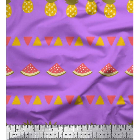 Soimoi Purple Moss Georgette Fabric Triangle,Pine & Watermelon Fruits Decor Fabric Printed Yard 42 Inch Wide