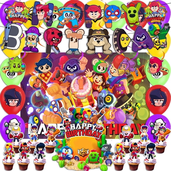 Brawl Stars Themed Birthday Party Decoration Set, 38pc set includes backdrop, banner, cake toppers, balloons, and cupcake decorations.