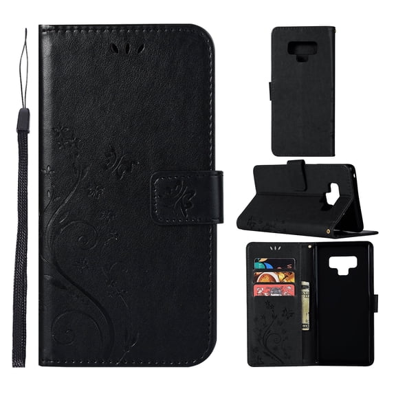 Note 9 Case, Samsung Galaxy Note 9 Case - Allytech Premium Wallet PU Leather with Fashion Embossed Flower Magnetic Clasp Card Holders Flip Cover with Hand Strap, Black