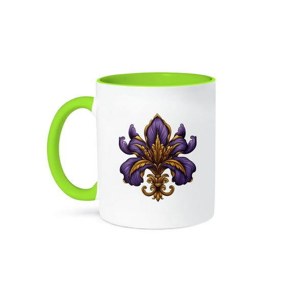 3drose, Image of a Decorative Purple, Yellow Fleur-de-lis Mardi Gras Symbol, 11oz Two-tone Green Mug