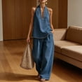 thumbnail image 5 of Quixlent Halter Denim Set for Women Sleeveless Tank Top And Wide Leg Pants Lounge Sets Summer Casual Two Piece Outfits with Pockets, 5 of 8