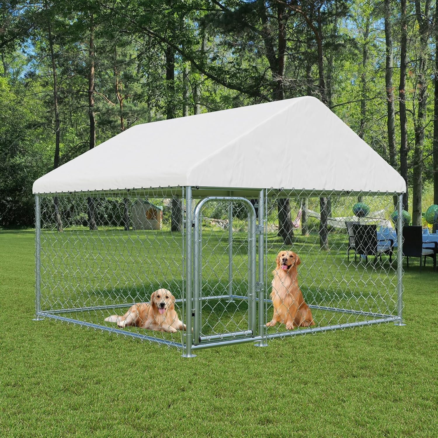 Outdoor Large Dog Kennel, Heavy Duty Dog Enclosure with UV & Rain-Proof Fully Covered Roof, Rustproof Metal Mesh, Double Security Locks, 6.6 x 6.6 FT