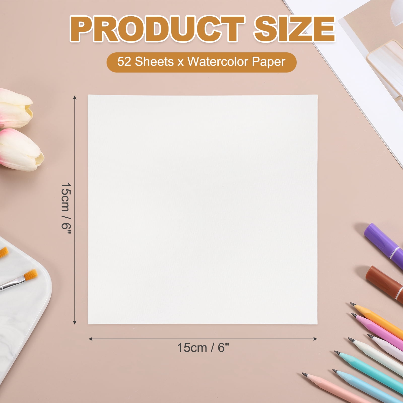 Uxcell 52 Pcs Watercolor Paper 6 x 6 Inch 140lb/300gsm Artist Painting Drawing Paper Bulk Cold Press Water Color Paint Sheet for Sketchbook Journal (Straight Corner), White