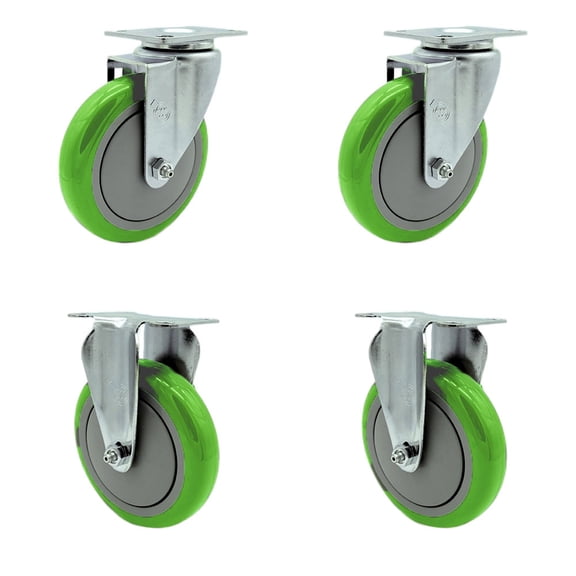 5 Inch Green Polyurethane Wheel Swivel Top Plate Caster Set with 2 Rigid SCC